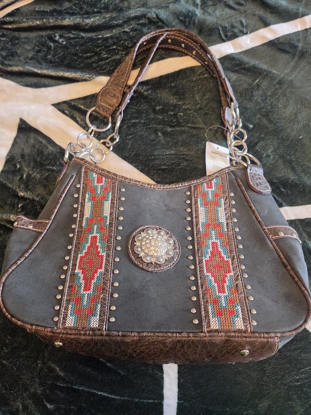 Brown Southwestern Beaded Accent Shoulder Bag
